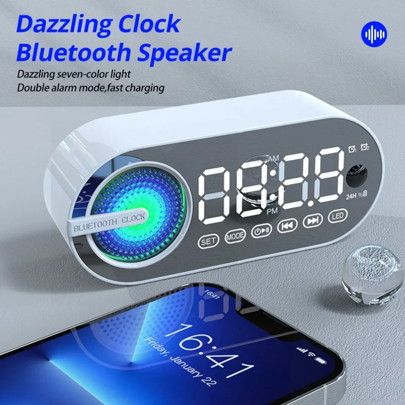 Bluetooth Lautsprecher mit Licht und Wecker – LED Spiegel Uhr mit RGB-Farben und FM Radio