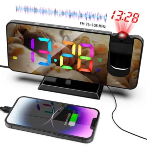 Funkwecker mit Projektion – 180° LED Uhr mit FM Radio und RGB Farben