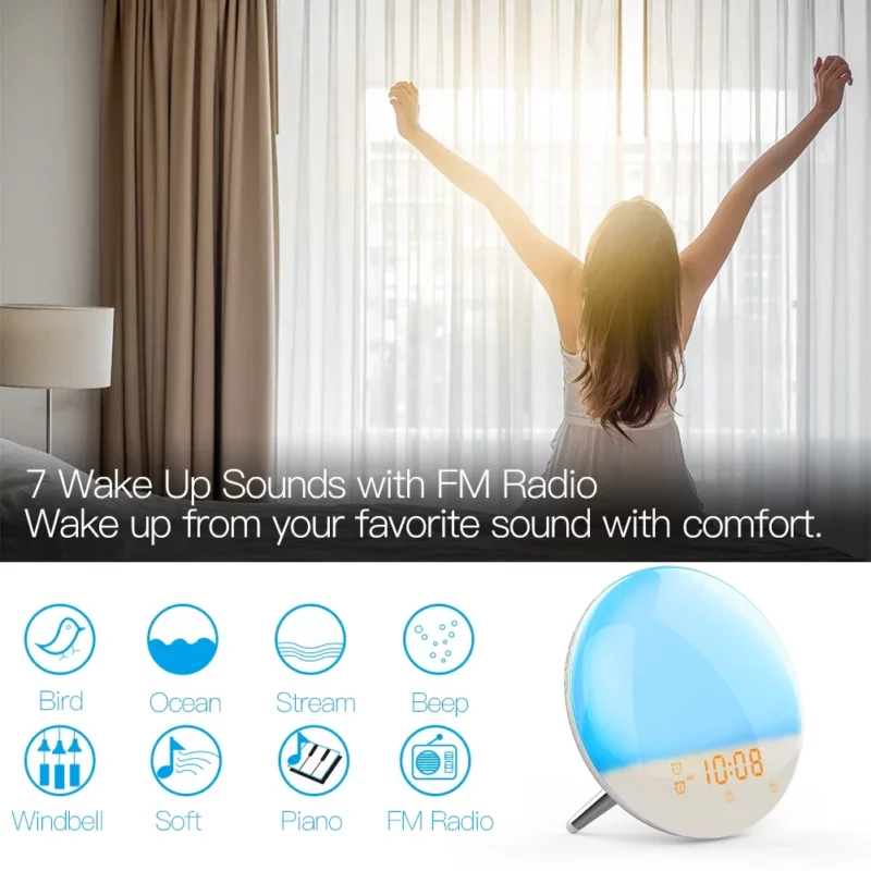 Kleiner Wecker mit Licht – WiFi Smart Wake Up Uhr mit 7 Farben Sonnenaufgang und Sunset