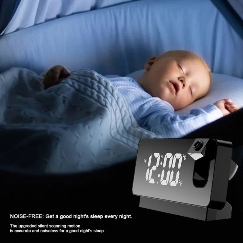 Wecker Digital Schwarz – 180° Projektor, LED-Anzeige, Temperatur für Schlafzimmer